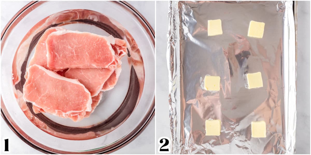 The pork chops sitting in the brine and pads of butted aded to a baking sheet.