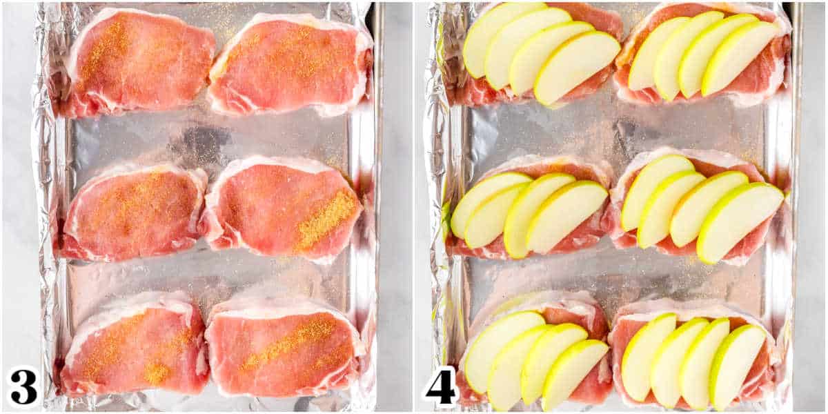 The raw pork chops with seasoning and sliced apples on them.