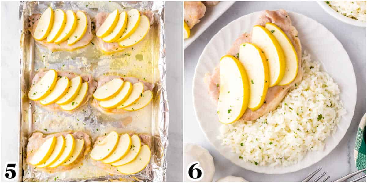 The finished baked pork chops on a baking sheet and on a white plate.