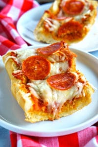 Close up picture of French bread pizza.