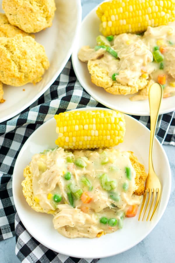 Overhead picture of Inside Out Chicken pot pie on a white plate.