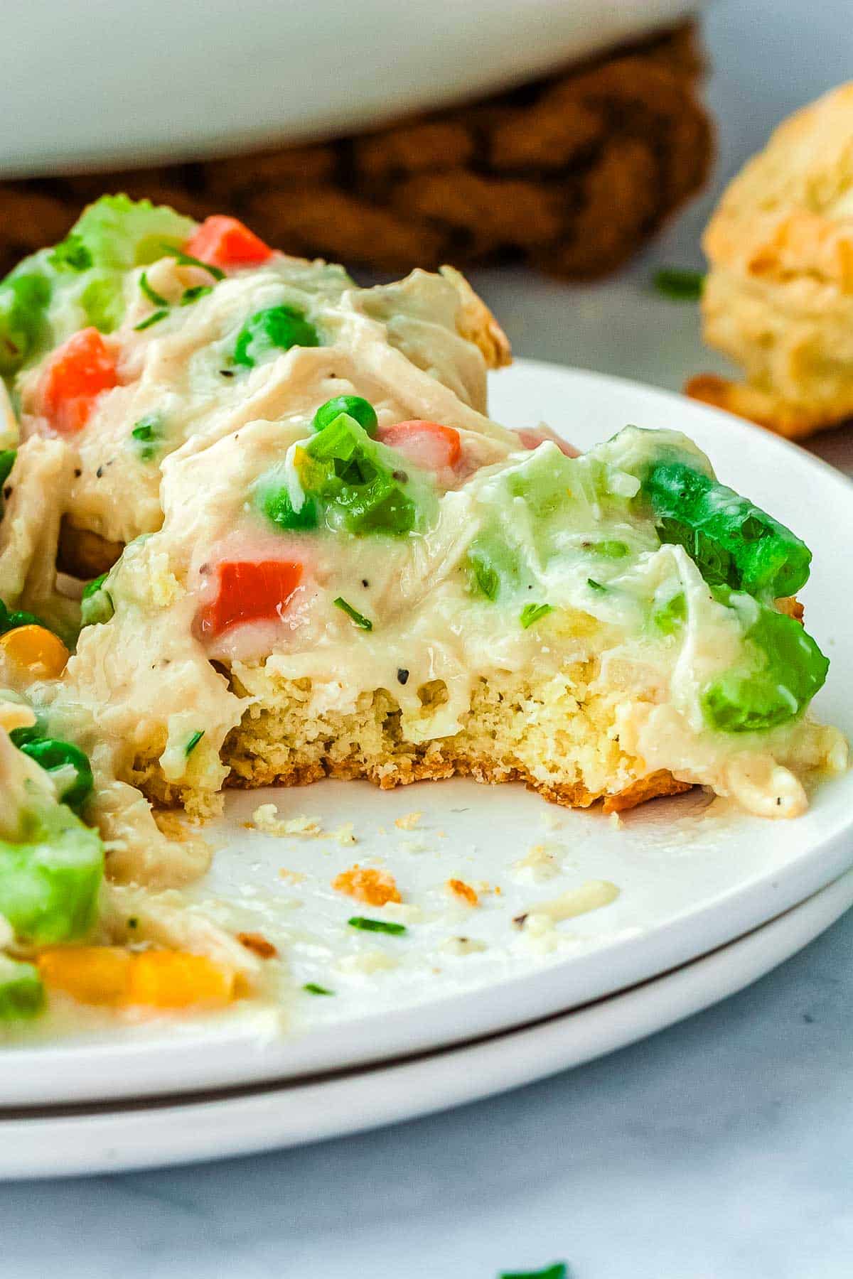 a biscuit pot pie cut into so you can see what the inside texture is like.