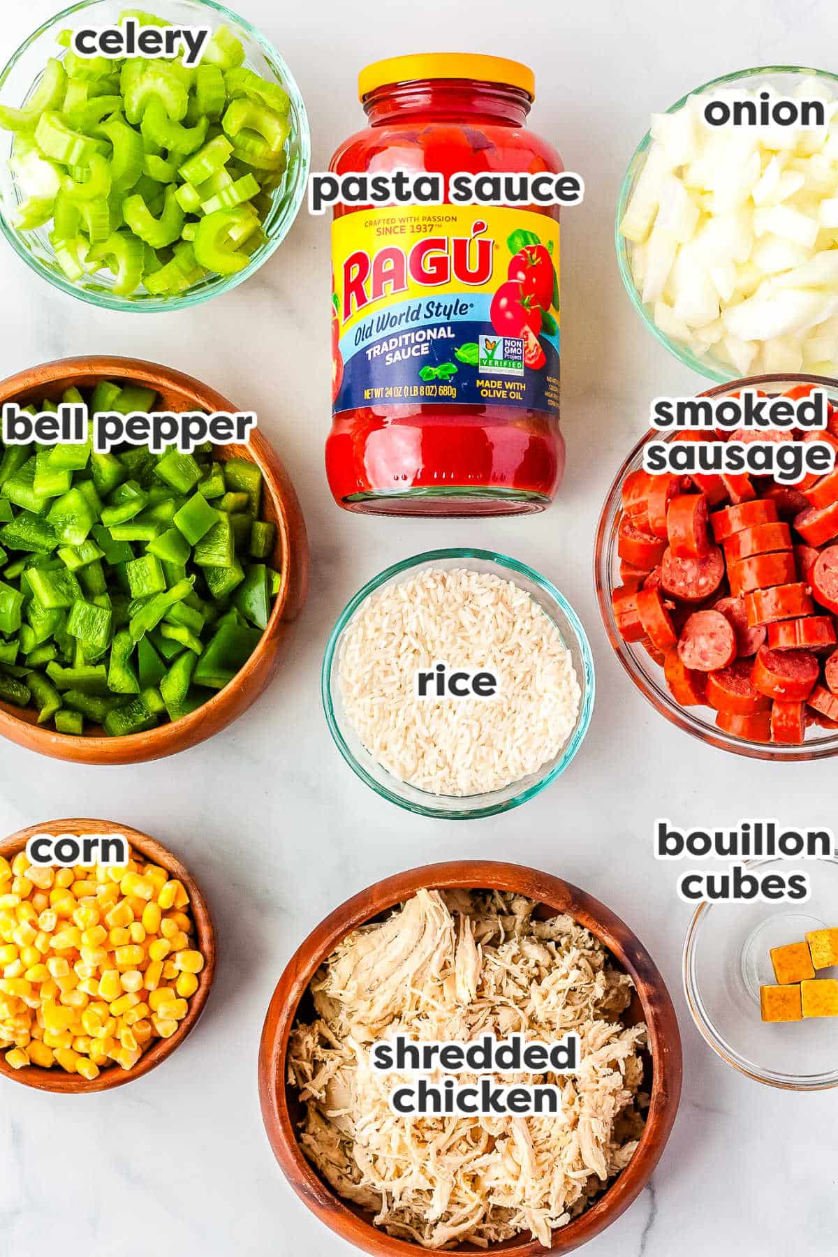 A picture of all of the ingredients to make this recipe with text overlay labeling each ingrdient.