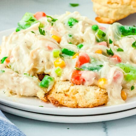 A close up picture of the pot pie mixture served over biscuits.