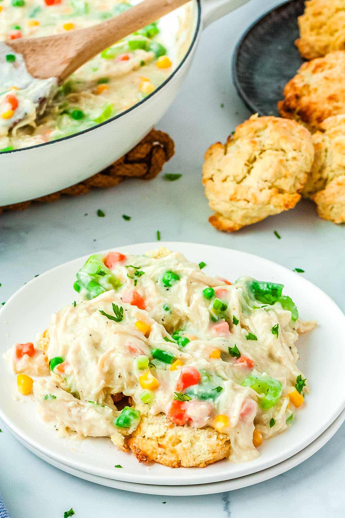 The finished Deconstructed Chicken Pot Pie on a white plate.