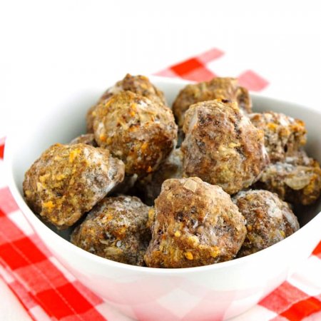 A bowl of homemade frozen meatballs.