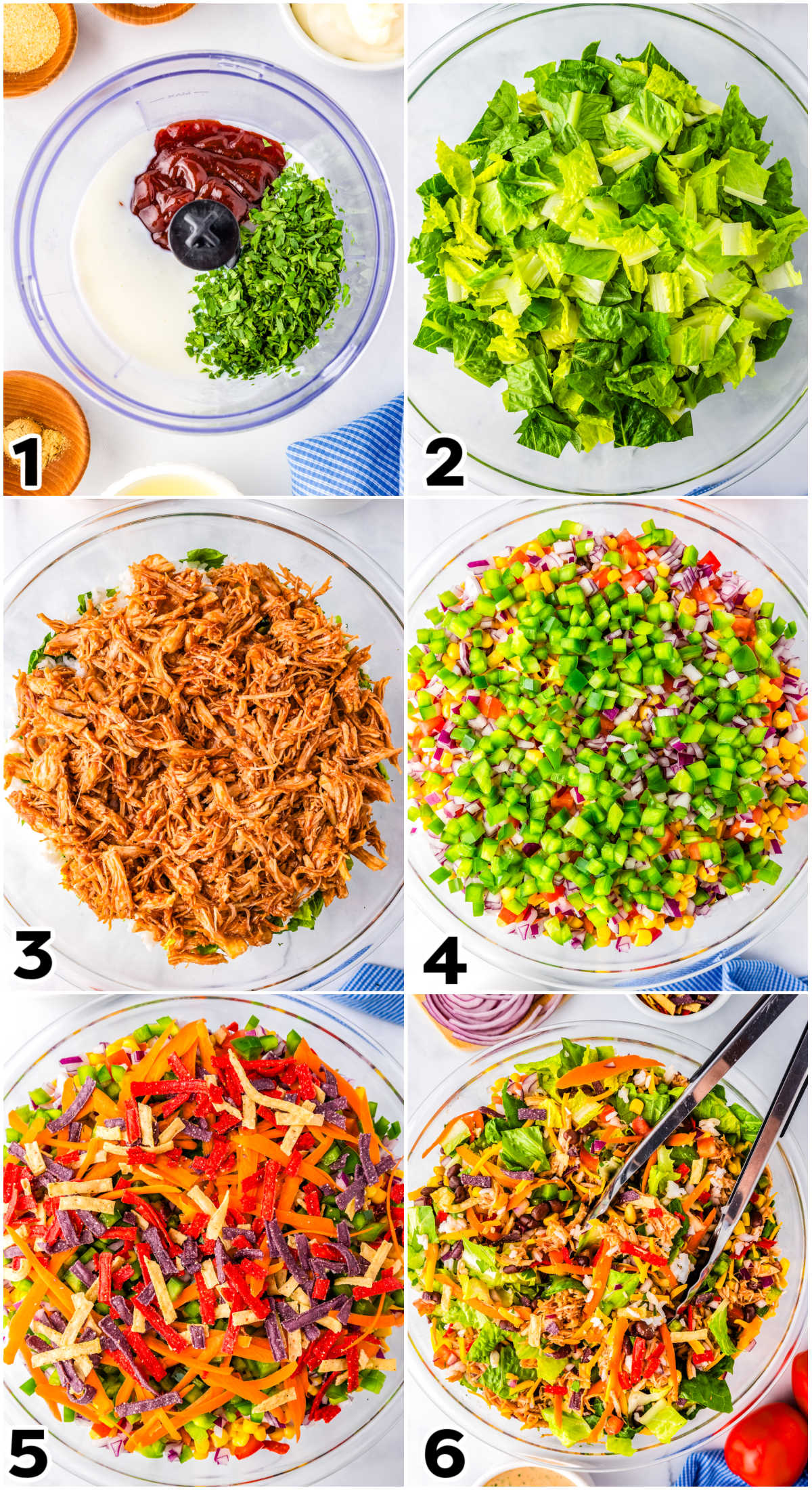 A picture collage showing how to make this recipe from the BBQ ranch dressing to tossing and serving.