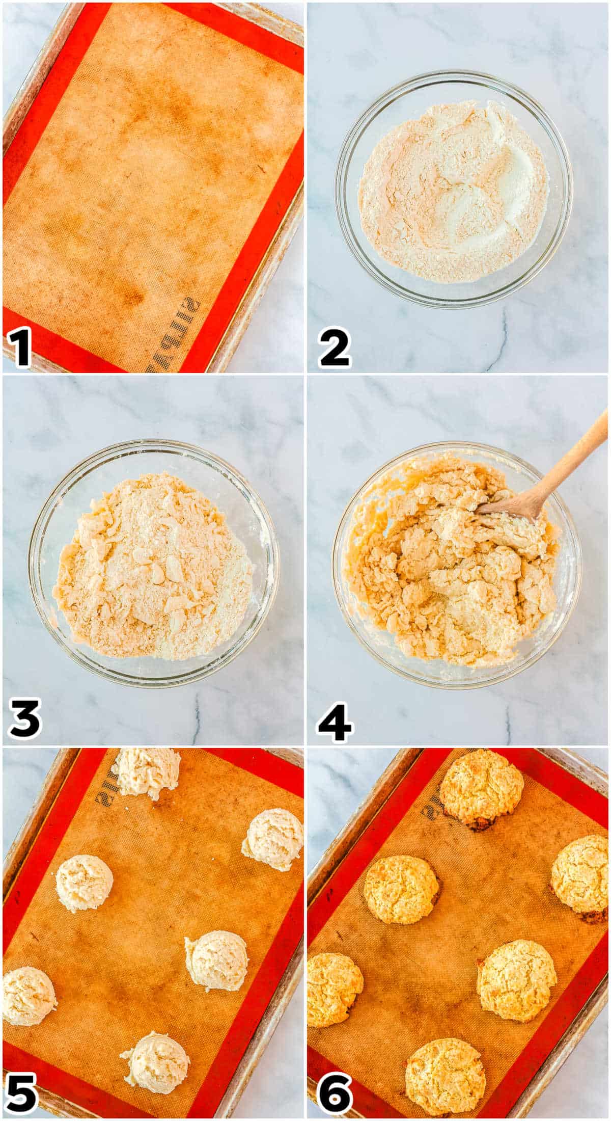 A picture collage showing how to make this recipe from lining a baking sheet to baking the drop biscuits.