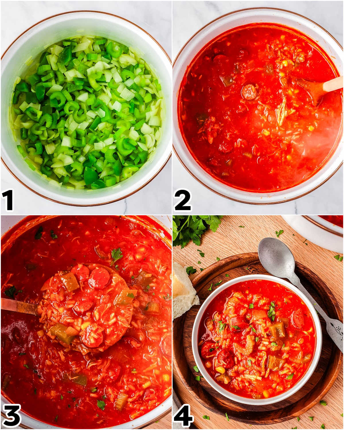 A picture collage showing how to make this recipe from sauteing the vegetables to simmering and serving the gumbo.