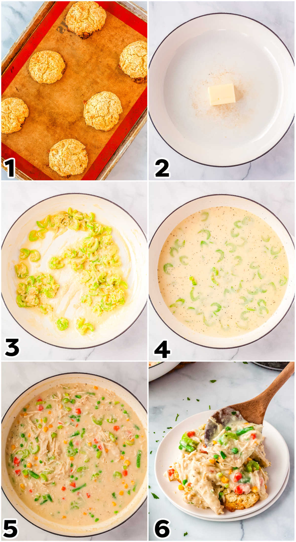 A picture collage showing how to make this recipe from the biscuits to serving the pot pie mixture over the biscuits.