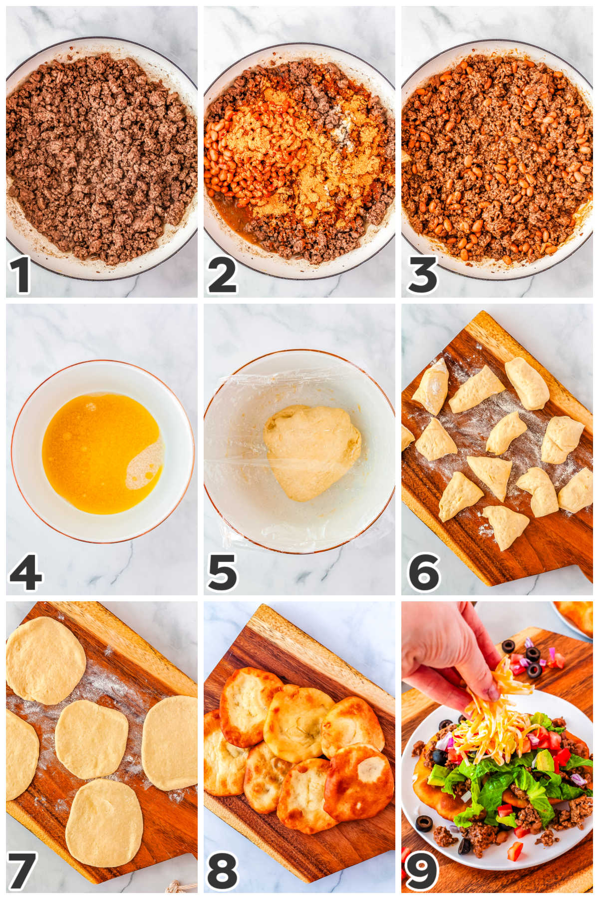 A picture collage showing how to make this recipe from the meat mixture to the homemade fry bread for the tacos.