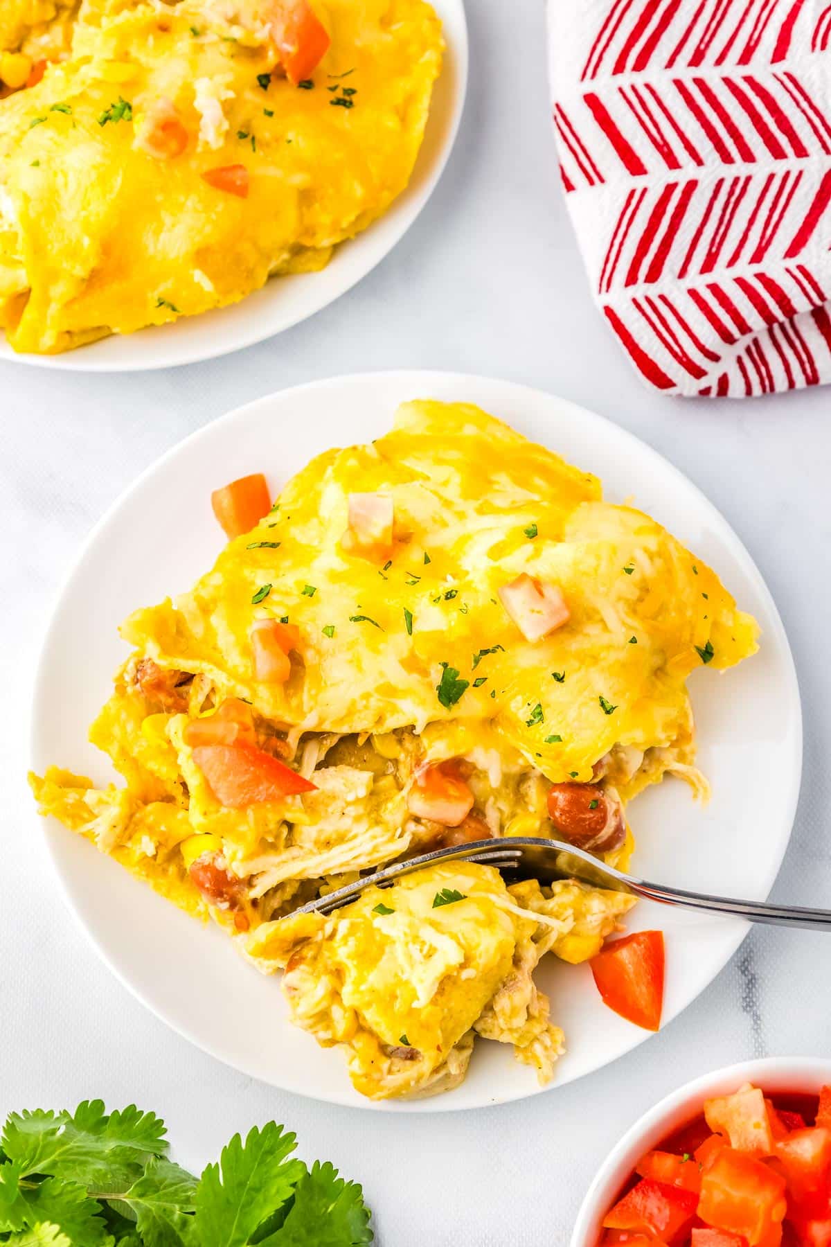 Layered enchiladas on a white plate and garnished with chopped tomatoes.