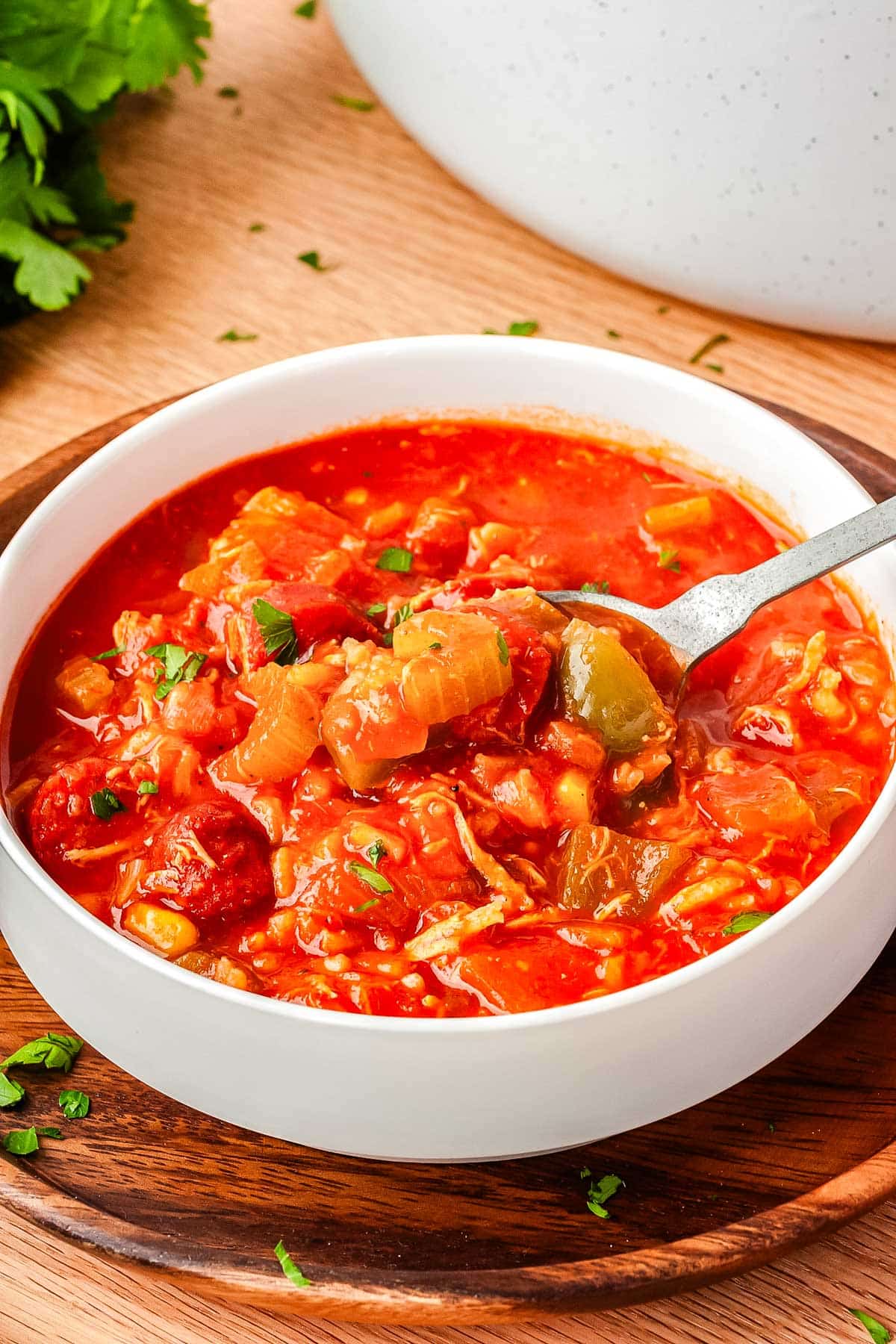 A spoon in a bowl of gumbo.