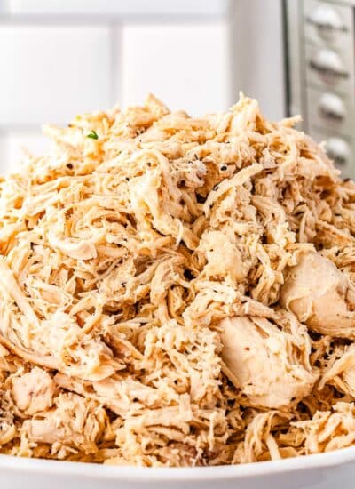 A close up of a heapping bowl full of shredded chicken.