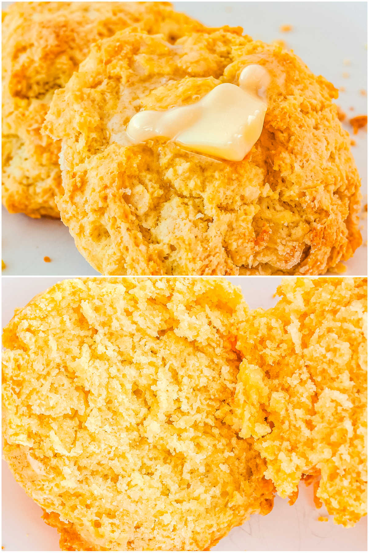 A picture collage of simple buttermilk biscuit with butter on then and cut in half so you can see the fluffy interior.