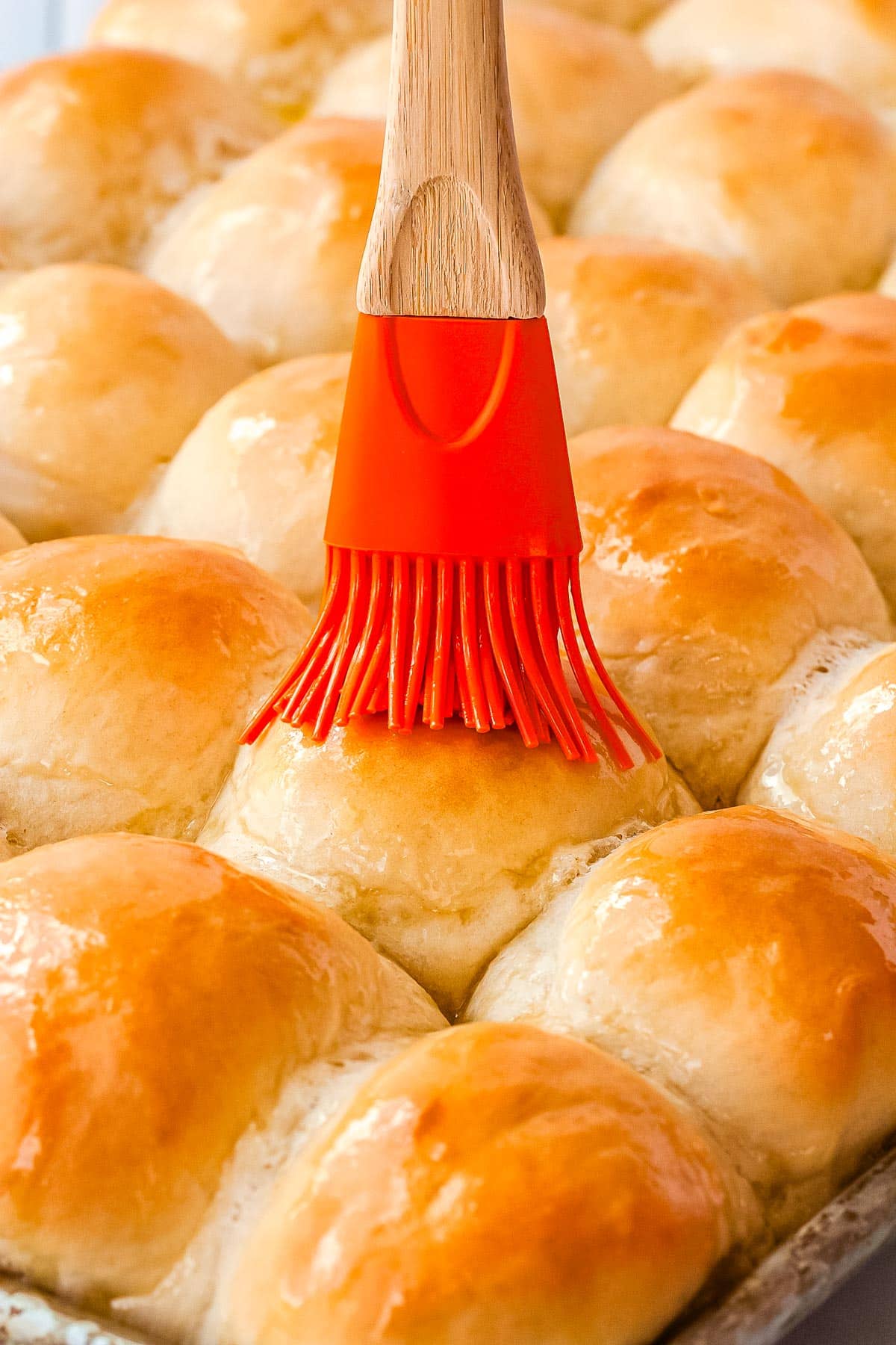 A pastry brush brushing melted butter on dinner rolls. 