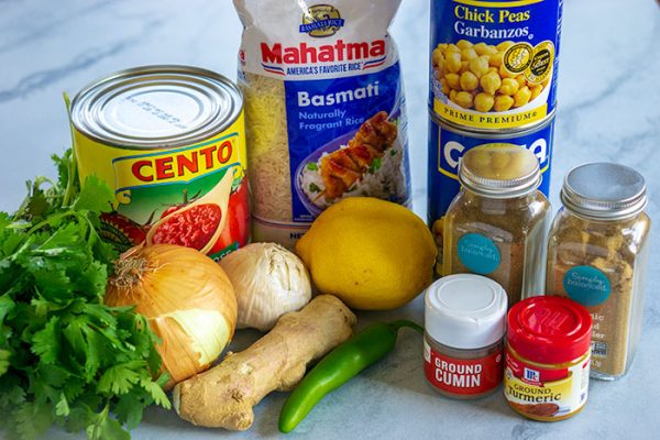 All of the ingredients needed to make Easy Chana Masala.