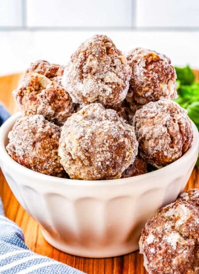 Freezer meatballs in a white bowl.