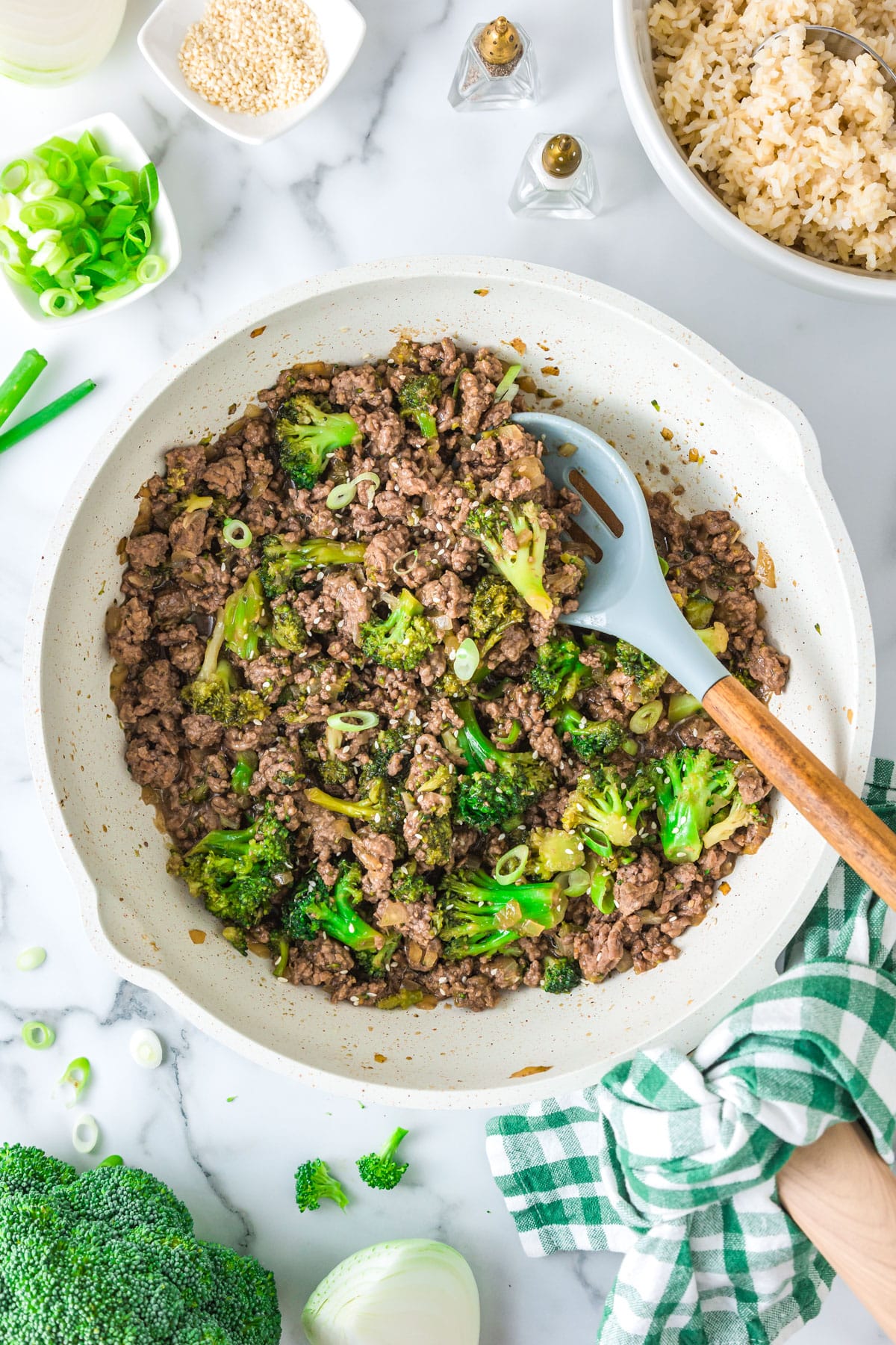 The finished Ground Beef and Broccoli recipe in a pan.