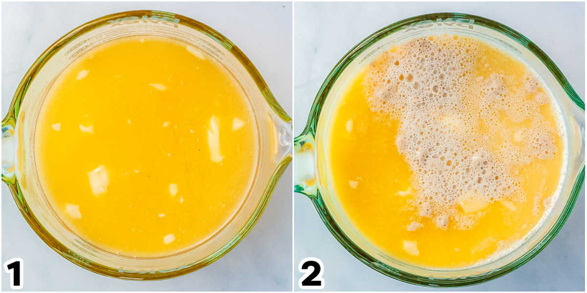 The milk, water, butter, and yeast in a liquid measuring cup. 