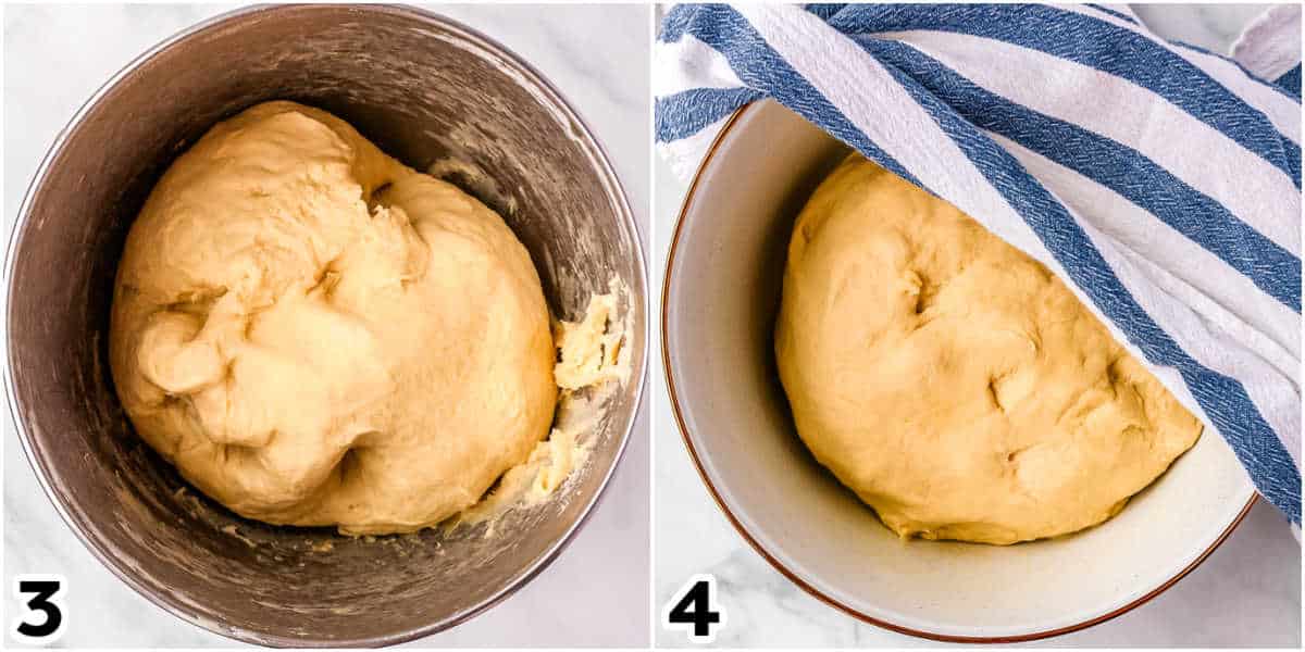 The roll dough in a bowl after it's been kneaded.