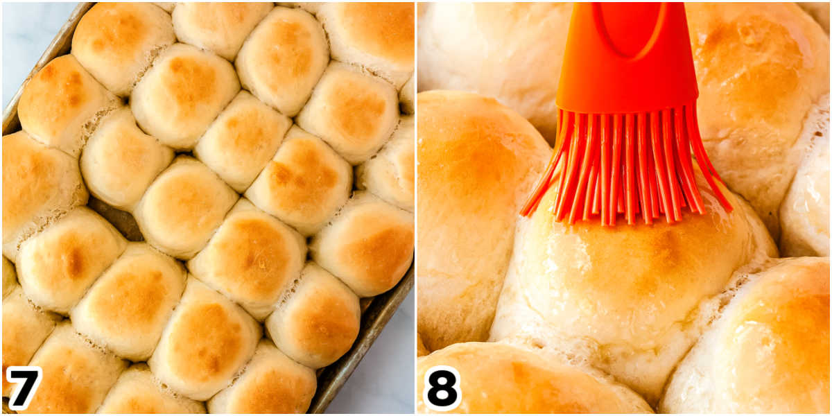 The rolls are hot out of the oven, and melted butter is brushed on top.
