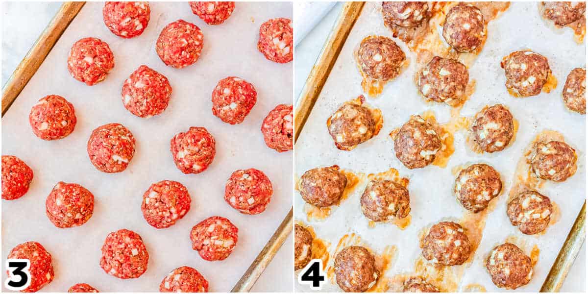 The meatballs on a sheet pan before and after being cooked.