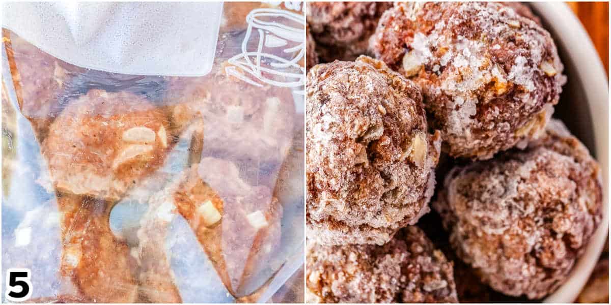 The cooked meatballs are in a freezer-safe plastic bag.