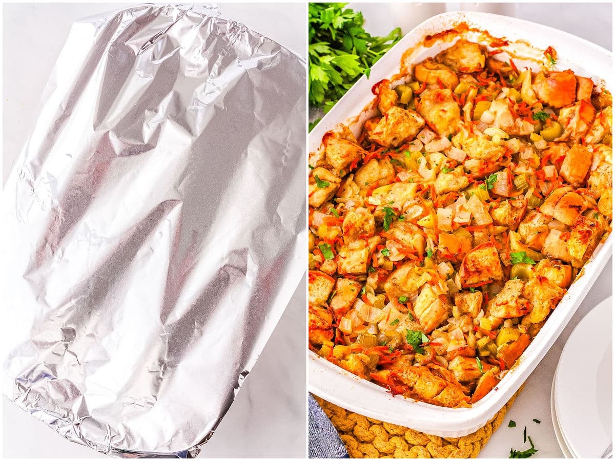 a collage showing how to make stuffing by covering it with foil to bake and baking uncovered