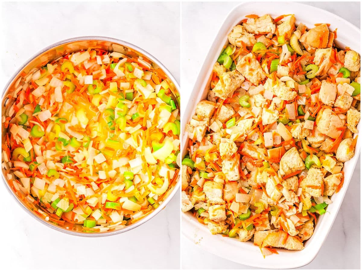 a collage showing mixing the ingredients together and pouring it in the baking dish