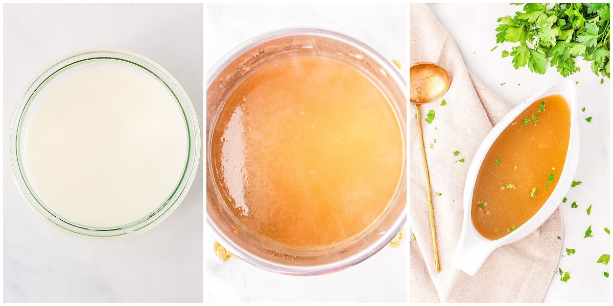 a collage showing how to make instant pot turkey gravy by making the slurry, whisking it into the broth and cooking, then pouring into a gravy boat for serving