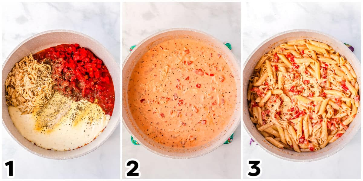 A picture collage showing how to make the sauce, simmer it, and toss it with pasta.