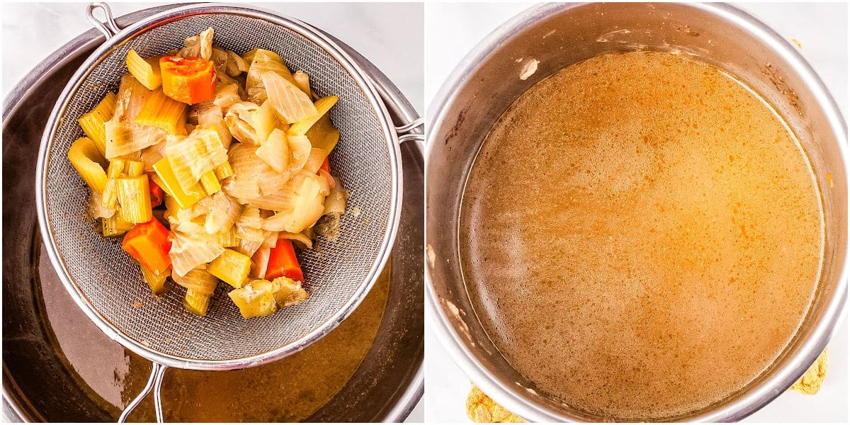 a collage showing how to make instant pot turkey gravy by straining the vegetables, and pouring the broth back to the instant pot
