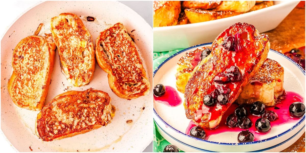 a collage of how to make french toast and adding toppings for serving