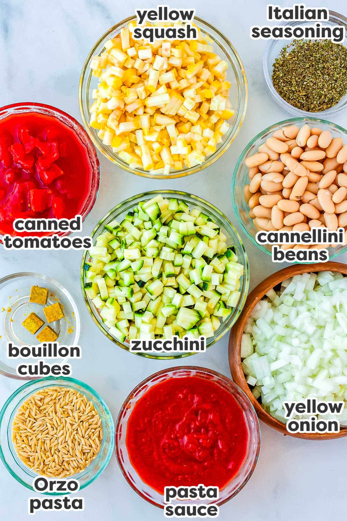 Ingredients needed to make this soup with text overlay labeling each.