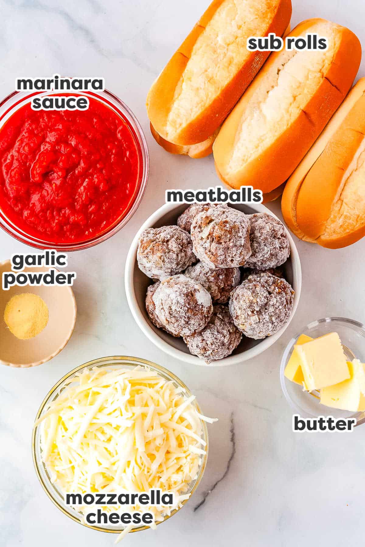 All of the ingredients needed to make this recipe with text overlay labeling each ingredient.