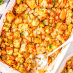 a casserole dish with homemade stuffing in it
