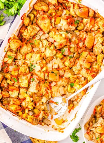 a casserole dish with homemade stuffing in it