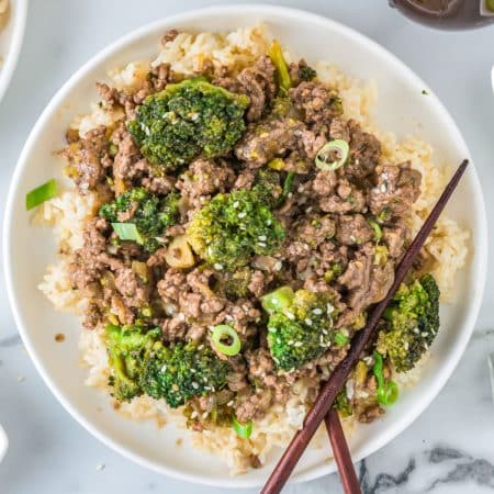 The finished Teriyaki Ground Beef served over rice.