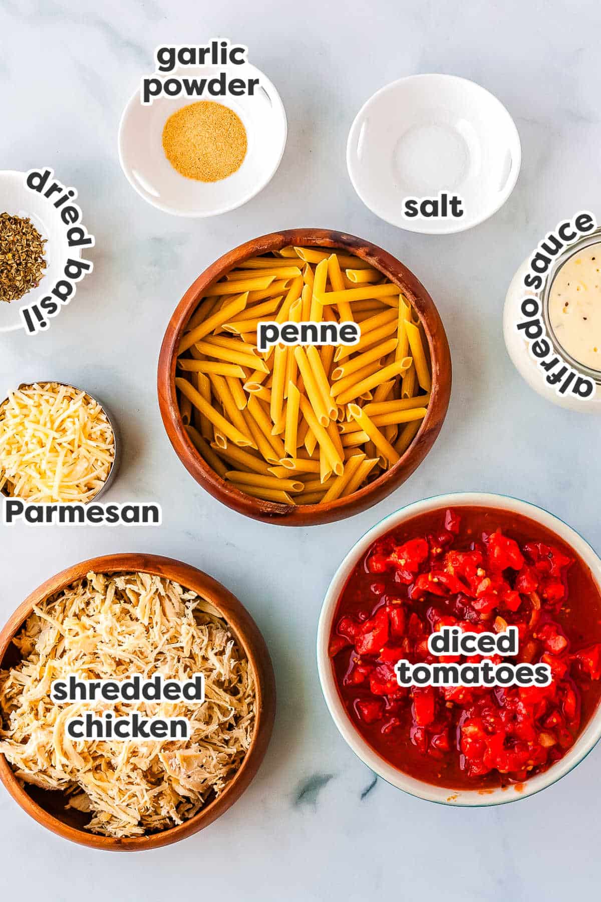All of the ingredients needed to make this recipe with text overlay labeling each ingredient.