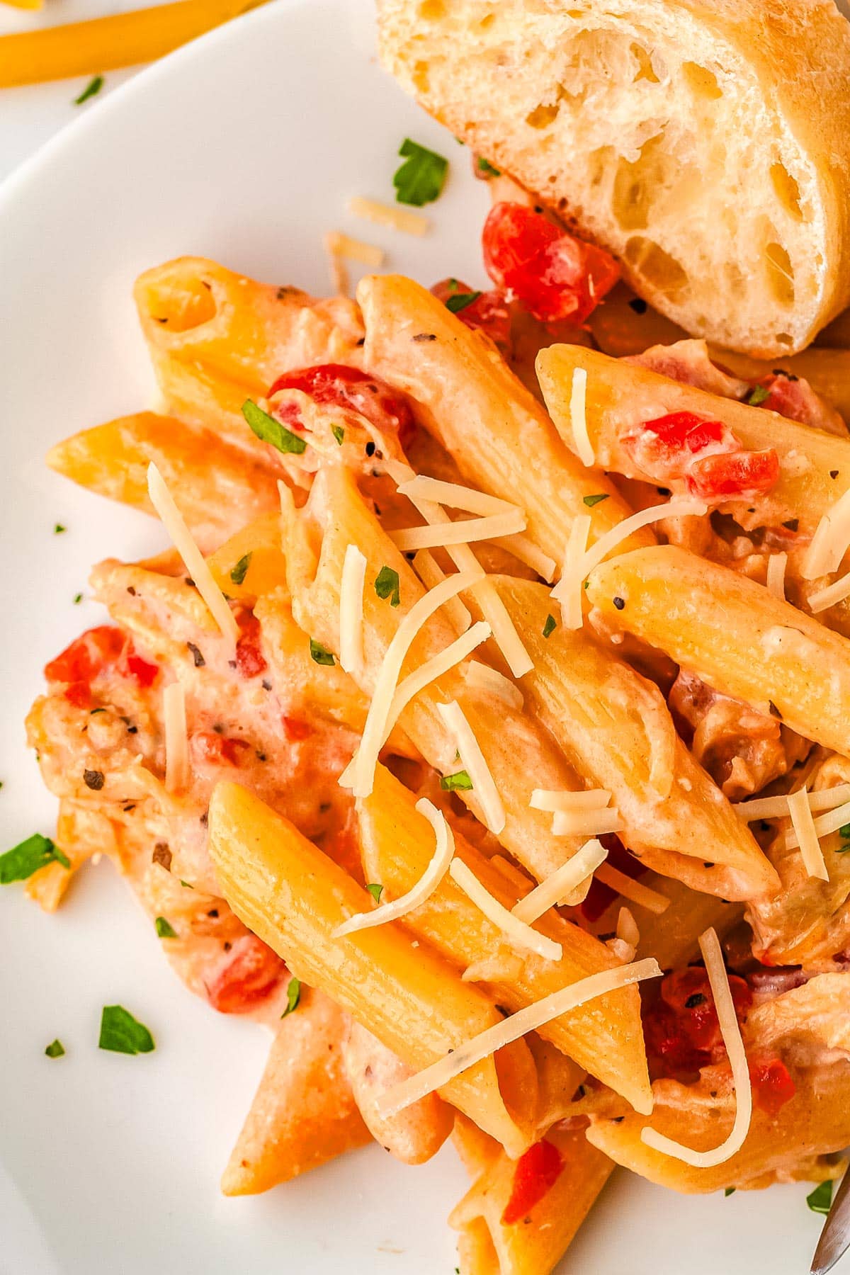 Some fo the tomato alfredo sauce over pasta on a white plate. 