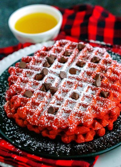 Close up picture of red velvet waffles.