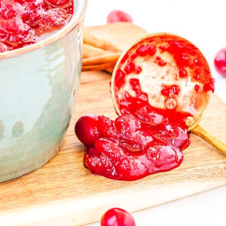 a ladle of cranberry sauce on a cutting board with a pot of cranberry sauce in the background