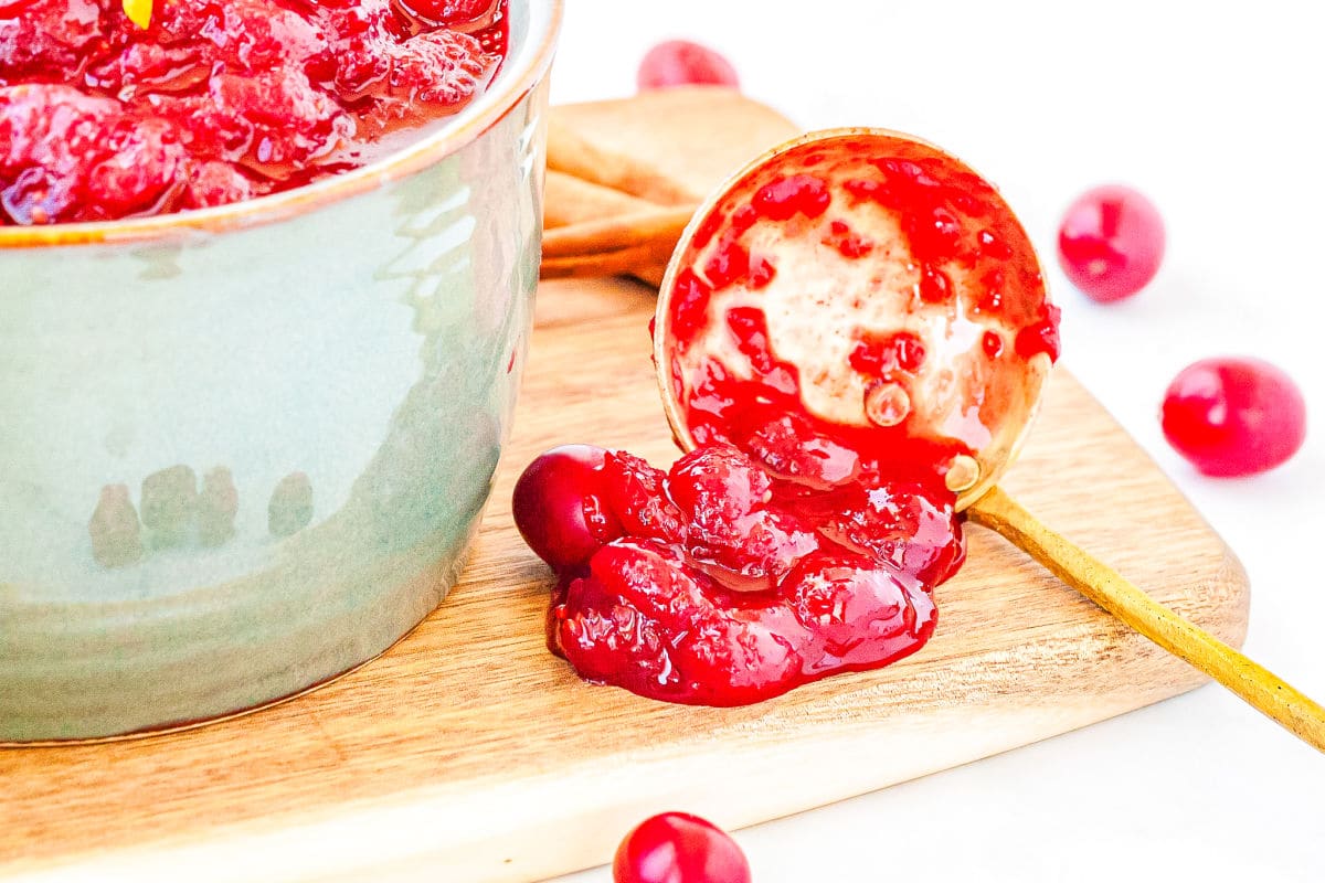 a ladle of cranberry sauce on a cutting board with a pot of cranberry sauce in the background