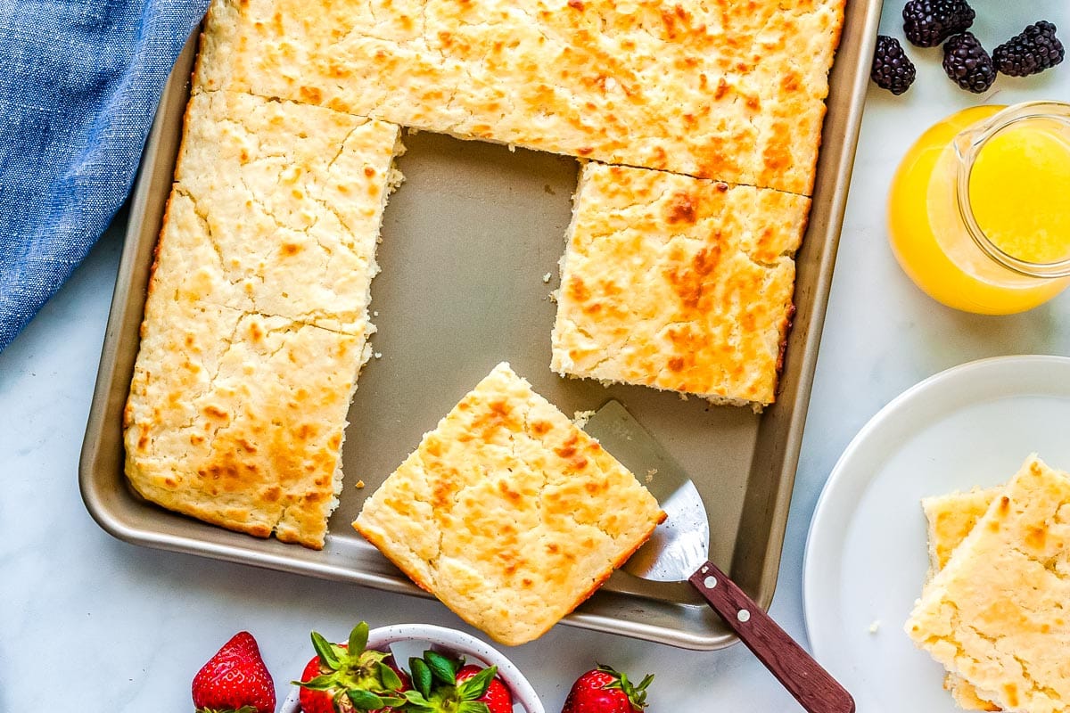 Sheet pan pancakes cut and ready to be served.