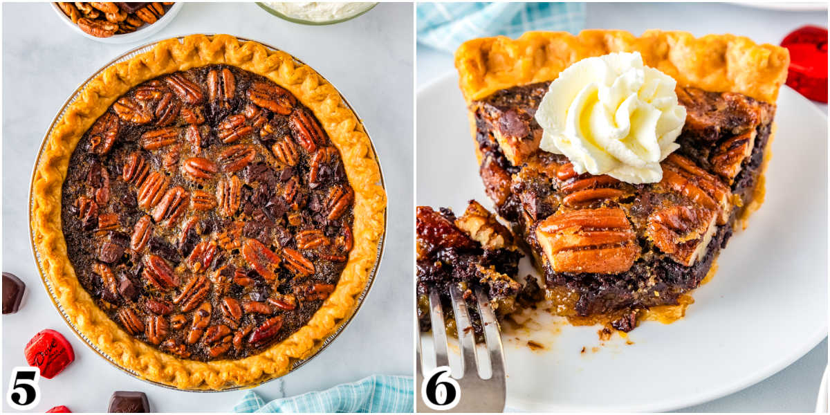 The finished pie as a whole and cut into a slice garnished with whipped cream.