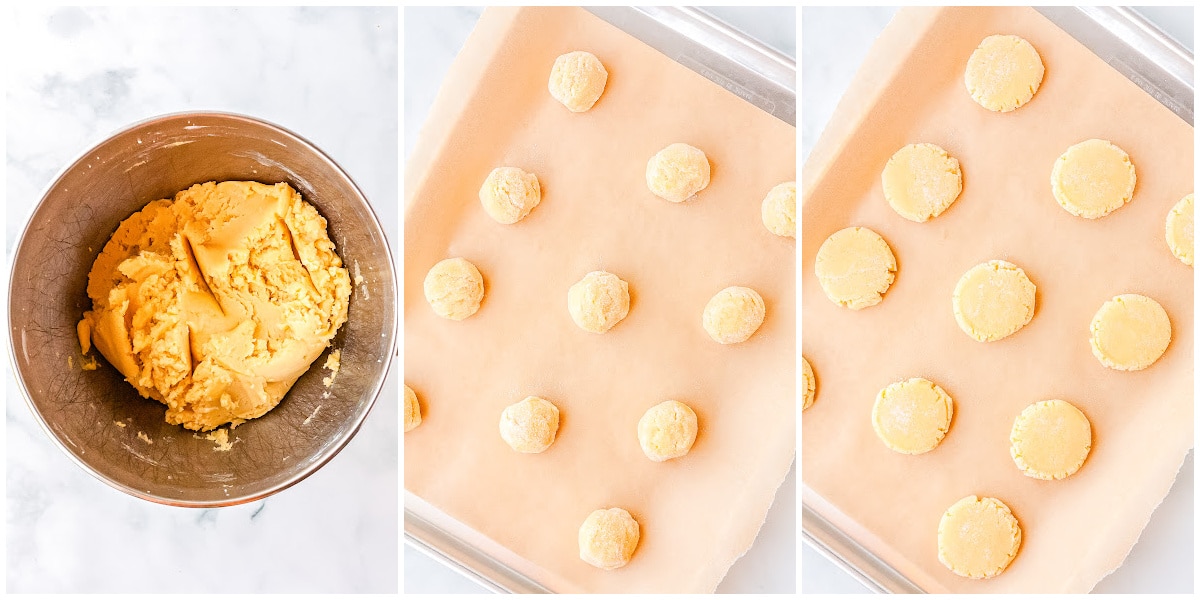 a mixing bowl with dough, rolled dough balls, and flattened dough balls on a baking sheet