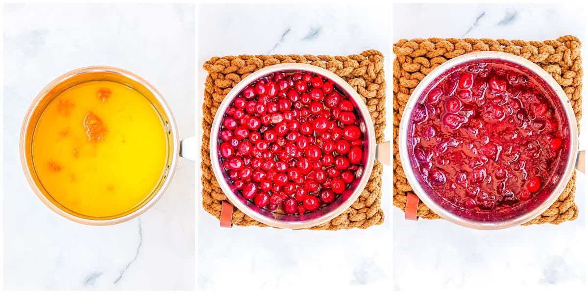 a collage of pictures showing how to make the cranberry sauce by binging all the ingredients to a boil.