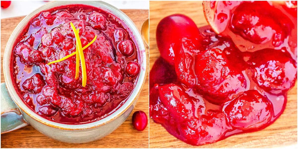 a collage with two pictures of cranberry sauce, one in a bowl and one is a close up of the finished cranberry sauce
