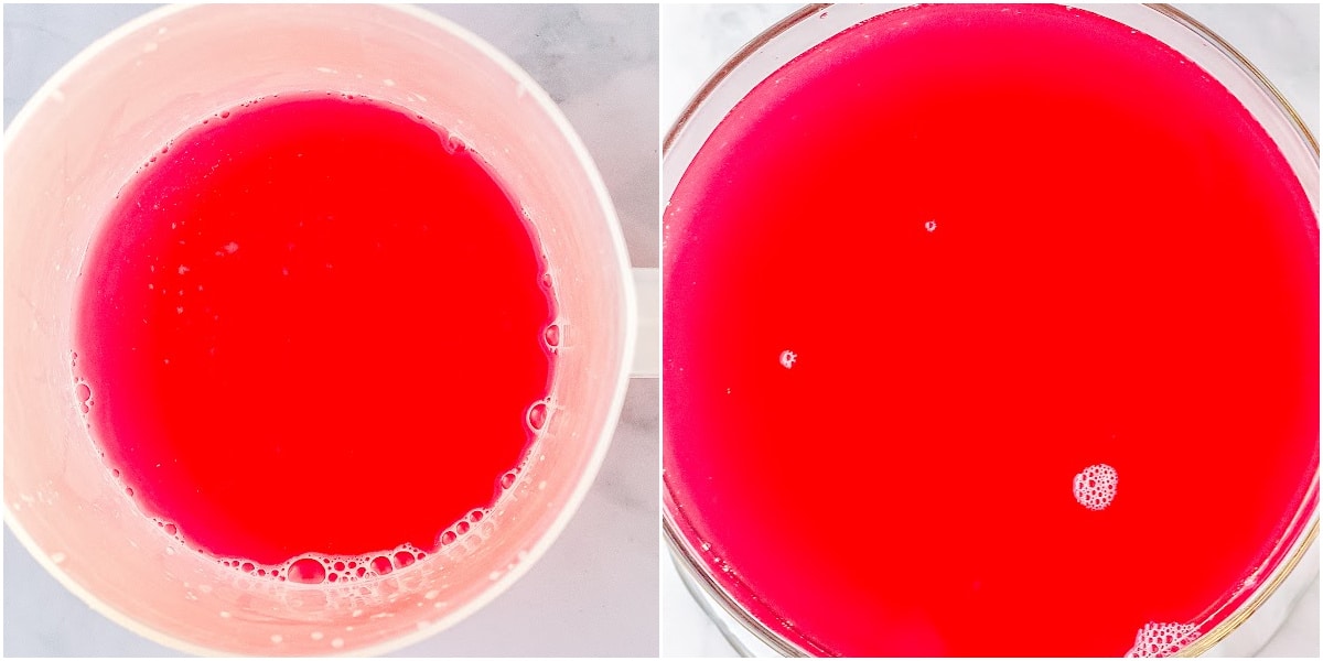 two punch bowls with the punch liquid ingredients added in